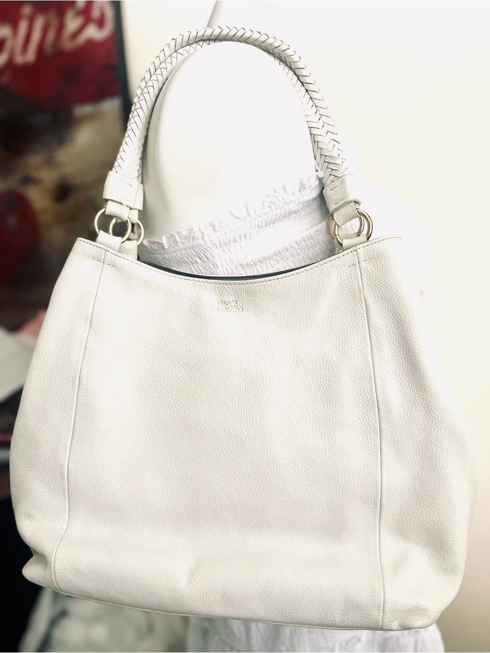 Vince Camuto White Braided-Handle Leather White Swan tote